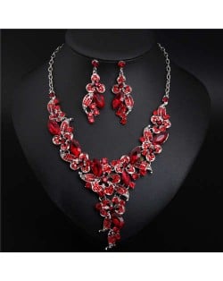 Gorgeous Shining Glass Women Evening Dress Floral Pattern Necklace and Earrings Set - Red