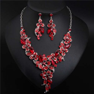 Gorgeous Shining Glass Women Evening Dress Floral Pattern Necklace and Earrings Set - Red