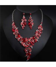 Gorgeous Shining Glass Women Evening Dress Floral Pattern Necklace and Earrings Set - Red