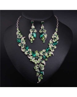 Gorgeous Shining Glass Women Evening Dress Floral Pattern Necklace and Earrings Set - Green