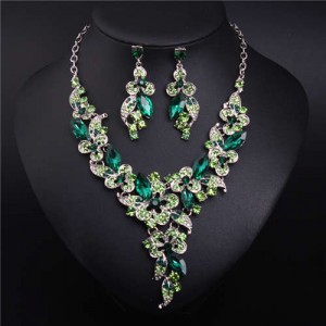 Gorgeous Shining Glass Women Evening Dress Floral Pattern Necklace and Earrings Set - Green