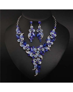 Gorgeous Shining Glass Women Evening Dress Floral Pattern Necklace and Earrings Set - Blue