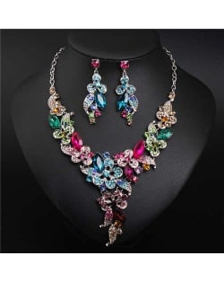 Gorgeous Shining Glass Women Evening Dress Floral Pattern Necklace and Earrings Set - Multicolor