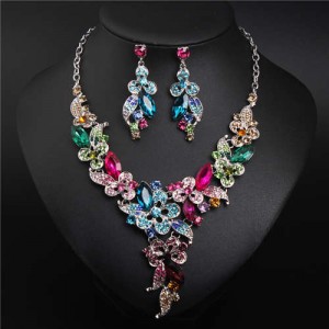 Gorgeous Shining Glass Women Evening Dress Floral Pattern Necklace and Earrings Set - Multicolor