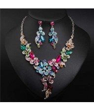 Gorgeous Shining Glass Women Evening Dress Floral Pattern Necklace and Earrings Set - Multicolor