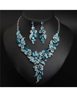 Gorgeous Shining Glass Women Evening Dress Floral Pattern Necklace and Earrings Set - Teal