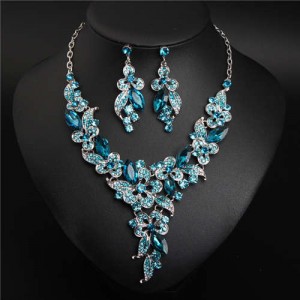 Gorgeous Shining Glass Women Evening Dress Floral Pattern Necklace and Earrings Set - Teal