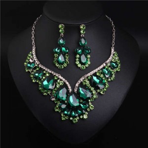 Elegant and Noble Style Bling Crystal Design Wedding/ Party Necklace and Earrings Set - Green