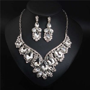 Elegant and Noble Style Bling Crystal Design Wedding/ Party Necklace and Earrings Set - White