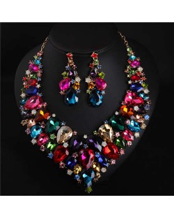 Evening Dress Jewelry Sparkling Crystal Glass Gem Exaggerated Luxury Costume Necklace and Earring Set - Multicolor