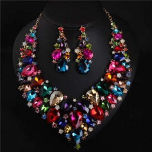 Evening Dress Jewelry Sparkling Crystal Glass Gem Exaggerated Luxury Costume Necklace and Earring Set - Multicolor