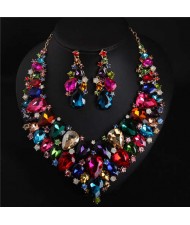 Evening Dress Jewelry Sparkling Crystal Glass Gem Exaggerated Luxury Costume Necklace and Earring Set - Multicolor