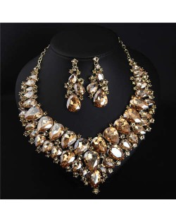 Evening Dress Jewelry Sparkling Crystal Glass Gem Exaggerated Luxury Costume Necklace and Earring Set - Champagne