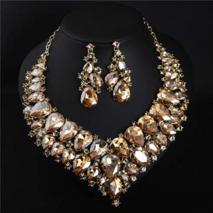 Evening Dress Jewelry Sparkling Crystal Glass Gem Exaggerated Luxury Costume Necklace and Earring Set - Champagne