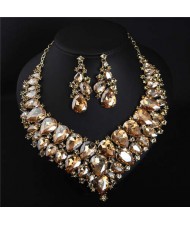 Evening Dress Jewelry Sparkling Crystal Glass Gem Exaggerated Luxury Costume Necklace and Earring Set - Champagne