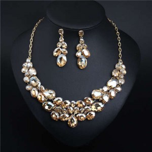 Classic Design Glass Gem Inserted Women Statement Bib Necklace and Earrings Set - Champagne