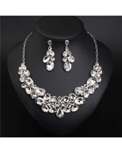 Classic Design Glass Gem Inserted Women Statement Bib Necklace and Earrings Set - White