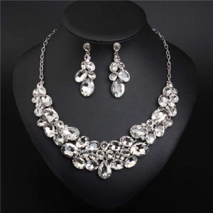 Classic Design Glass Gem Inserted Women Statement Bib Necklace and Earrings Set - White