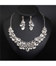 Classic Design Glass Gem Inserted Women Statement Bib Necklace and Earrings Set - White