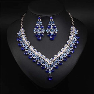 V Shape Water Drop Design Evening Dress Luxury Jewelry Wholesale Necklace and Earrings - Blue