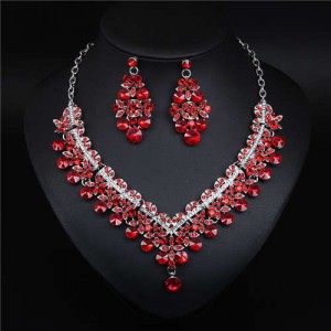 V Shape Water Drop Design Evening Dress Luxury Jewelry Wholesale Necklace and Earrings - Red