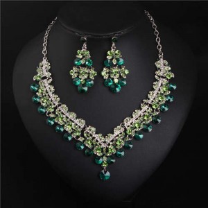 V Shape Water Drop Design Evening Dress Luxury Jewelry Wholesale Necklace and Earrings - Green