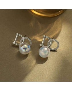 Fashionable Alphabet Design Elegant Pearl 14K Gold Plated Earrings - Silver