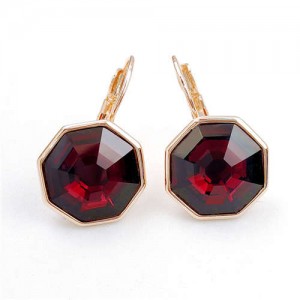 Simple Octagon Design Crystal Inlaid 18K Gold Plated Earrings - Red