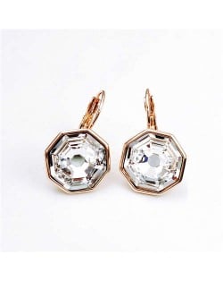 Simple Octagon Design Crystal Inlaid 18K Gold Plated Earrings - White