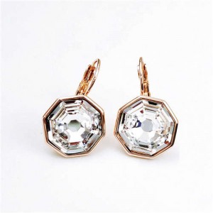 Simple Octagon Design Crystal Inlaid 18K Gold Plated Earrings - White