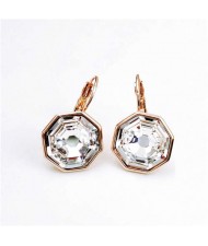 Simple Octagon Design Crystal Inlaid 18K Gold Plated Earrings - White