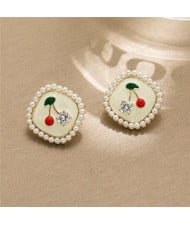 Elegant French Style Mini Pearl Rimmed Square Shape Red Cherry 14K Gold Plated Earrings - Golden