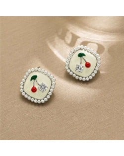 Elegant French Style Mini Pearl Rimmed Square Shape Red Cherry 14K Gold Plated Earrings - Platinum