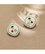 Elegant French Style Mini Pearl Rimmed Square Shape Red Cherry 14K Gold Plated Earrings - Platinum