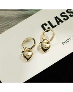 Korean Fashion Three-dimensional Engraving Peach Heart Pendant Huggie Earrings - Golden
