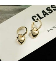 Korean Fashion Three-dimensional Engraving Peach Heart Pendant Huggie Earrings - Golden