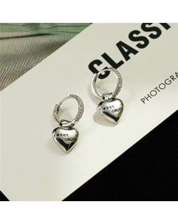 Korean Fashion Three-dimensional Engraving Peach Heart Pendant Huggie Earrings - Silver