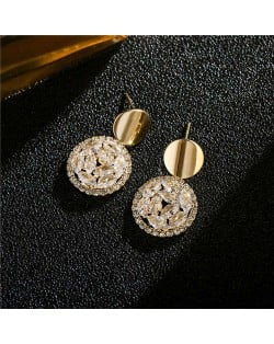 Shining Cubic Zirconia Hollow-out Round Dangle Luxurious 14K Gold Plated Earrings