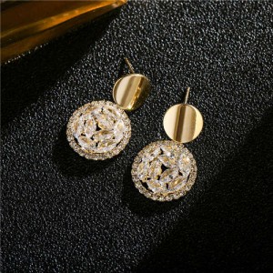 Shining Cubic Zirconia Hollow-out Round Dangle Luxurious 14K Gold Plated Earrings