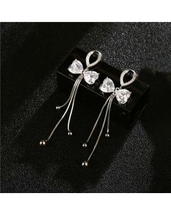 Bling Bow-knot Korean Fashion Long Tassel 18K Platinum Plated Luxury Earrings - Platinum