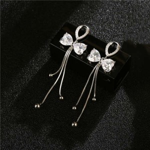 Bling Bow-knot Korean Fashion Long Tassel 18K Platinum Plated Luxury Earrings - Platinum