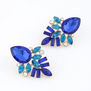 Elegant Blue Gems Pieced Floral Ear Studs
