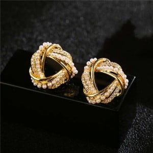 Cubic Zirconia and Pearl Embellished Weaving Triangle Design Luxurious Women Stud Earrings - Golden