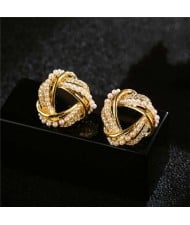 Cubic Zirconia and Pearl Embellished Weaving Triangle Design Luxurious Women Stud Earrings - Golden