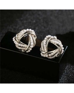 Cubic Zirconia and Pearl Embellished Weaving Triangle Design Luxurious Women Stud Earrings - Silver