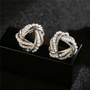 Cubic Zirconia and Pearl Embellished Weaving Triangle Design Luxurious Women Stud Earrings - Silver