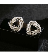 Cubic Zirconia and Pearl Embellished Weaving Triangle Design Luxurious Women Stud Earrings - Silver