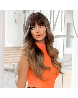 U.S. and European Fashion Blunt Bangs Gradient Dyed Brown Curly Long Synthetic Women Wig