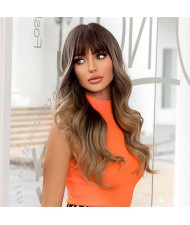 U.S. and European Fashion Blunt Bangs Gradient Dyed Brown Curly Long Synthetic Women Wig