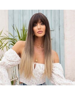 U.S. High Fashion Blunt Bangs Gradient Brown Straight Long Synthetic Women Wig